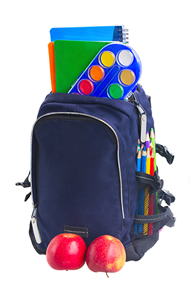 Backpack with apples and school supplies